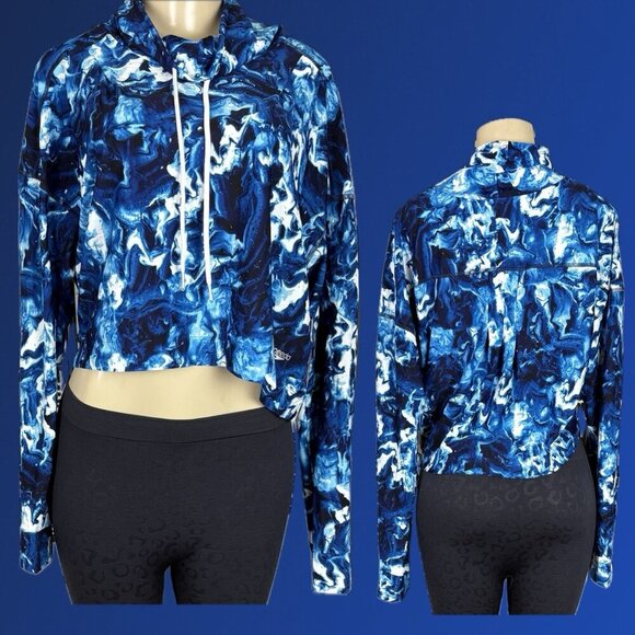 Speedo L Blue Print Drawstring Mock Neck Endurance Lte Long Sleeve Crop Swim Top - Picture 1 of 6